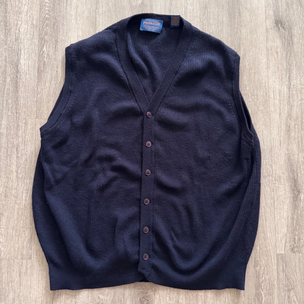 Pendleton Mens Navy Blue 100% Merino Wool Button Front Cardigan Vest Large Italy